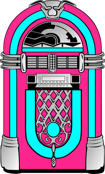 Vibrant pink and cyan retro jukebox with ornate grille, chrome accents, and vintage design.