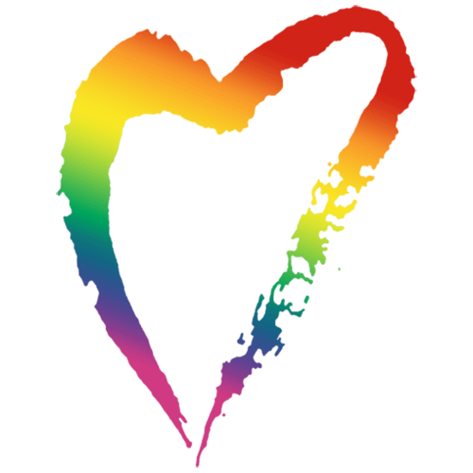 A vibrant rainbow-colored heart outline with a painted, brushstroke texture on a white background.