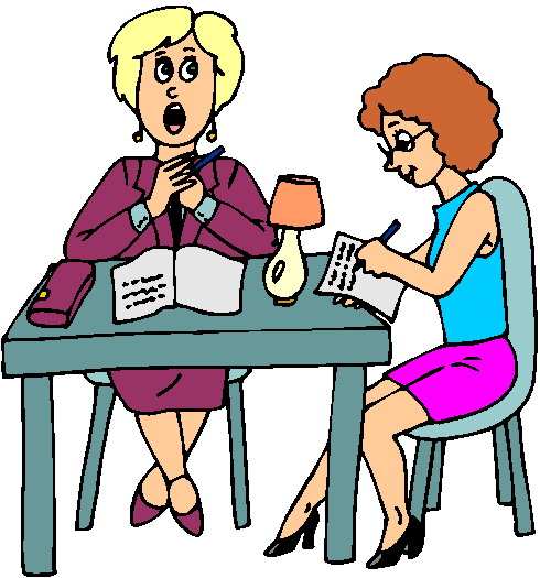 Two women at a desk-one surprised while holding a pen, the other focused on writing notes-suggesting a job interview or counseling session.