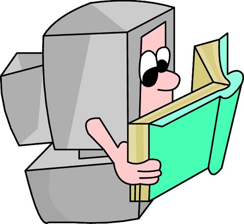 A cartoon person with a computer monitor for a head, reading a green book with focus and curiosity.