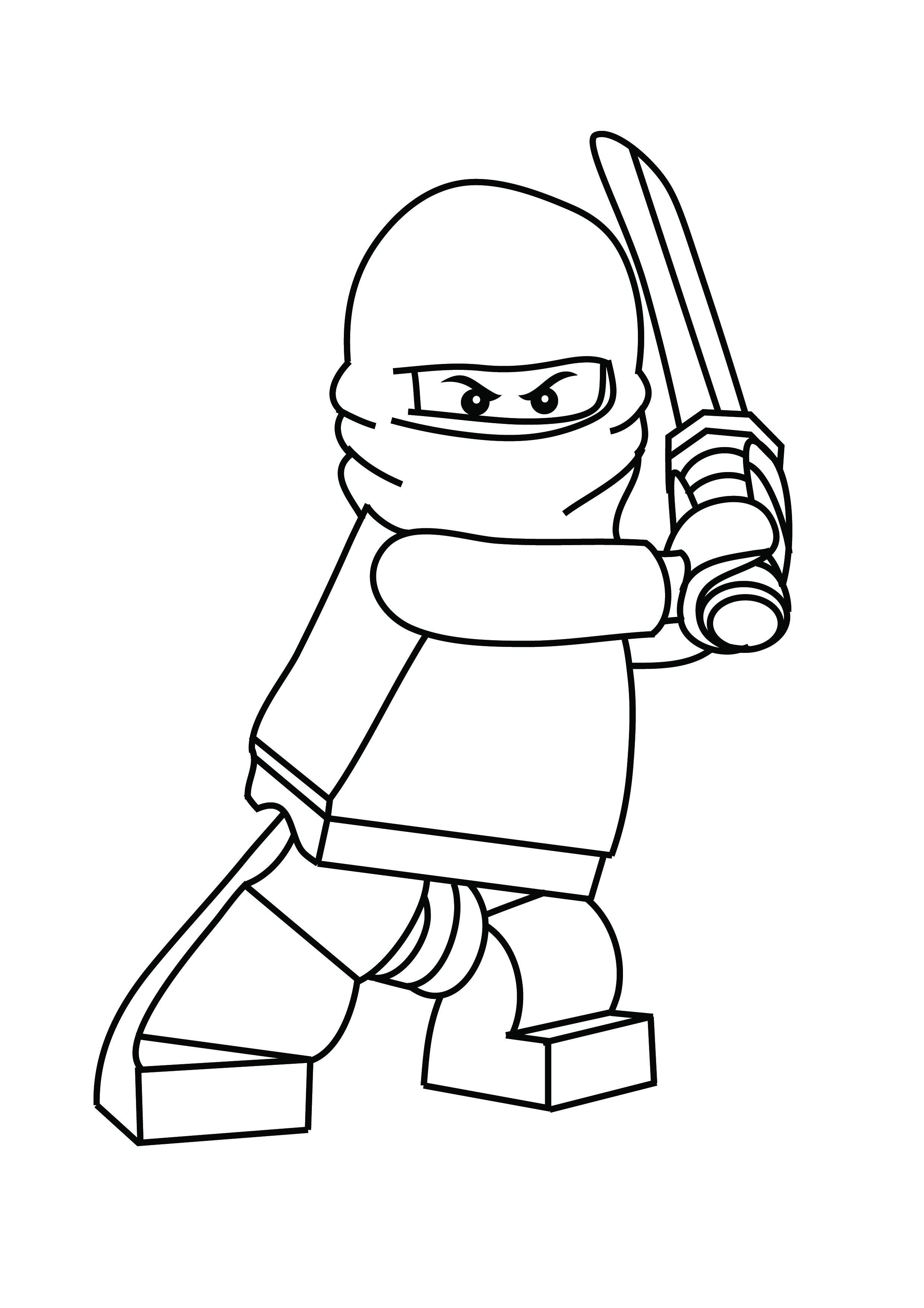 LEGO-style ninja minifigure holding a sword in a ready stance, black-and-white line art coloring page.