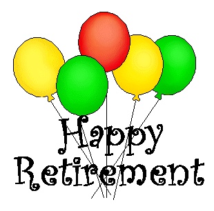 Colorful balloons with "Happy Retirement" text in festive script font.
