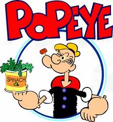 Popeye the Sailor Man holding a can of spinach, smiling confidently in his classic red shirt and black vest.