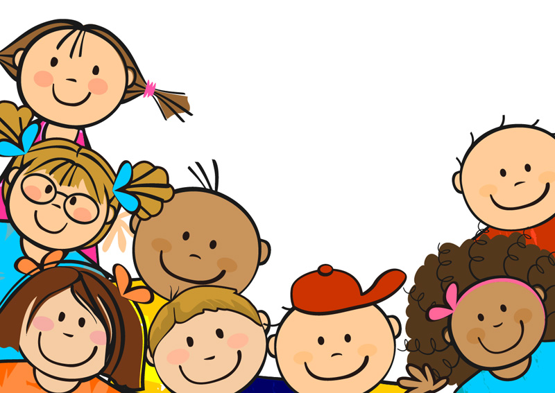 Diverse group of smiling cartoon children of various ethnicities and hairstyles, gathered closely together in a joyful cluster.