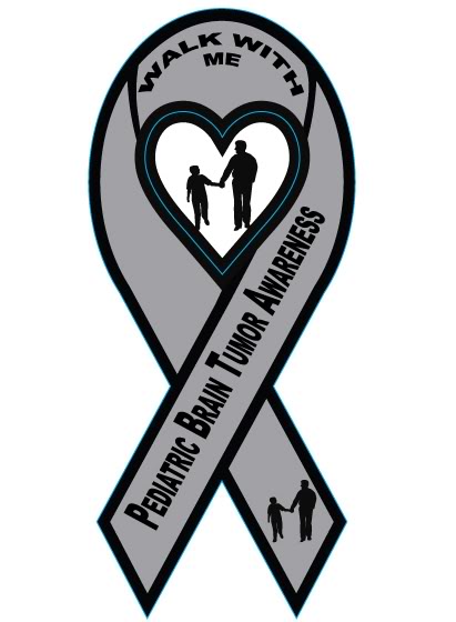 Gray awareness ribbon for pediatric brain tumor with "Walk With Me" and silhouettes of adult and child holding hands inside heart.