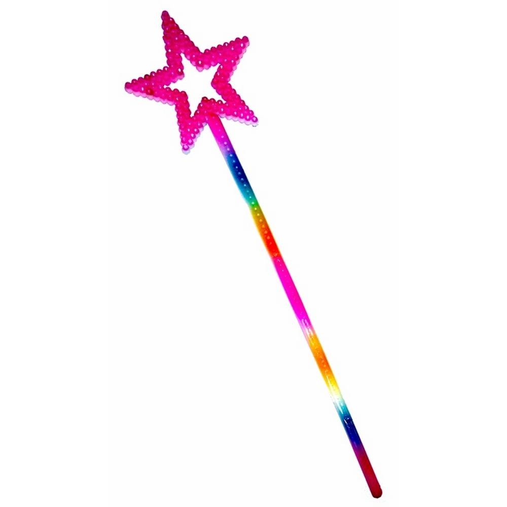 A vibrant rainbow-colored magic wand with a pink star-shaped top made of translucent beads, set against a white background.