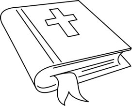 Line drawing of a closed Bible with a cross on the cover and a ribbon bookmark.