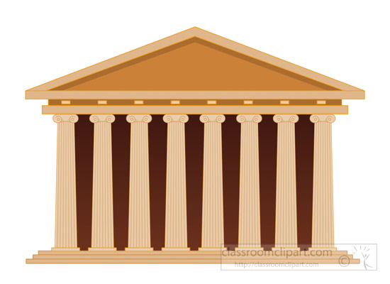 Classical Greek temple with Doric columns and triangular pediment, stylized illustration.