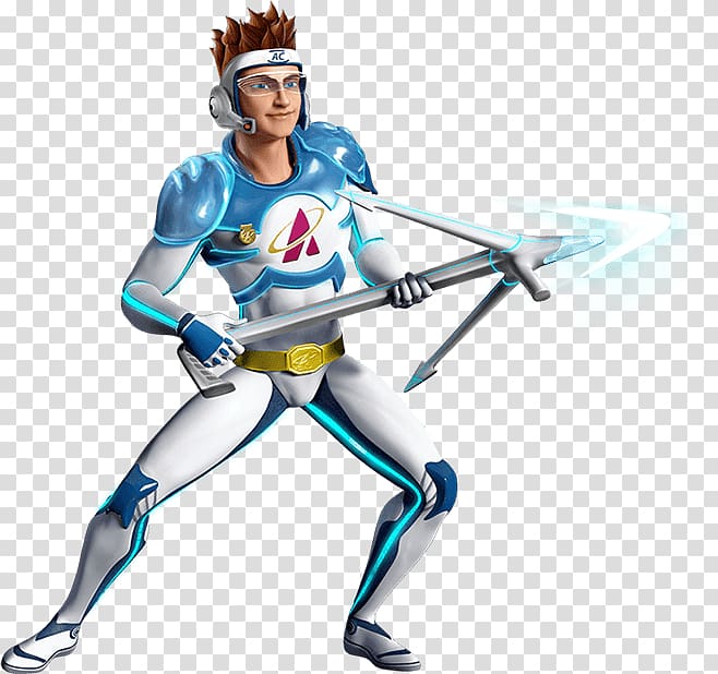 A futuristic animated hero in blue-and-white armor wields a glowing energy spear, ready for action.