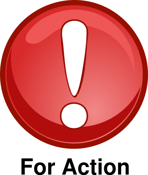 Red glossy warning icon with white exclamation mark and text "For Action"