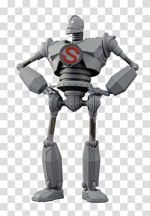 A metallic humanoid robot with a red 'S' emblem on its chest, standing confidently with hands on hips.