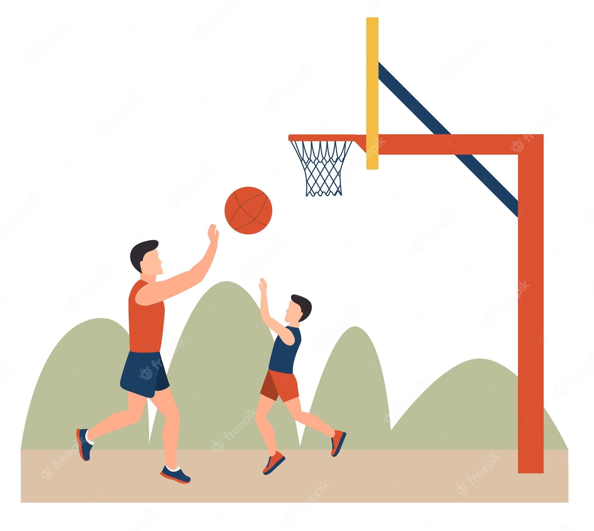 Father and son playing basketball outdoors near a hoop with green hills in background.