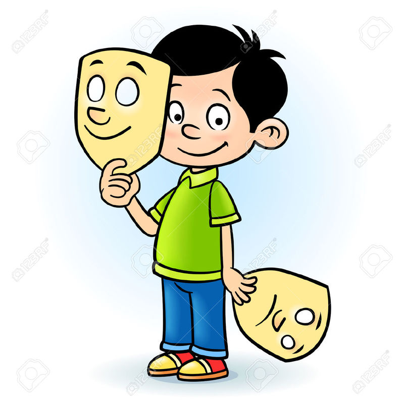 Boy holding a smiling mask in one hand and a frowning mask in the other, symbolizing emotional duality or social masks.