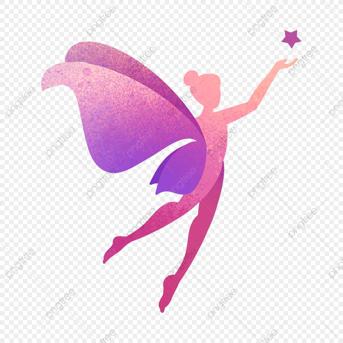 Silhouetted fairy in pink and purple gradient, leaping with outstretched hand holding a star.