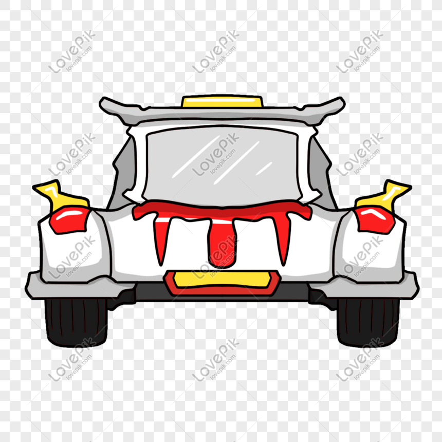 Cartoon-style white car with red dripping accents, yellow roof light, and exaggerated fender flares on transparent background.