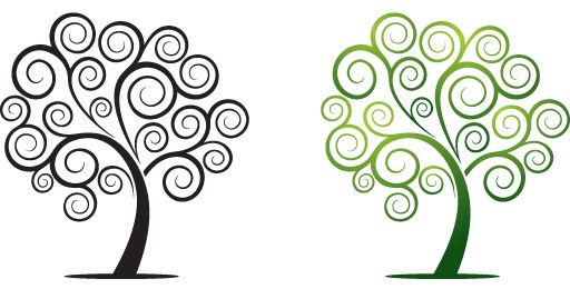 Two stylized spiral trees-one black and white, one green gradient-symbolizing growth, nature, or eco-design.