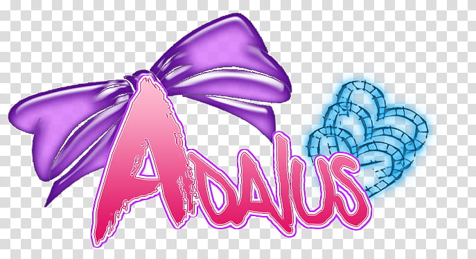 Stylized "Adalus" logo with glossy purple bow, pink gradient text, and blue chain-heart motif on transparent background.
