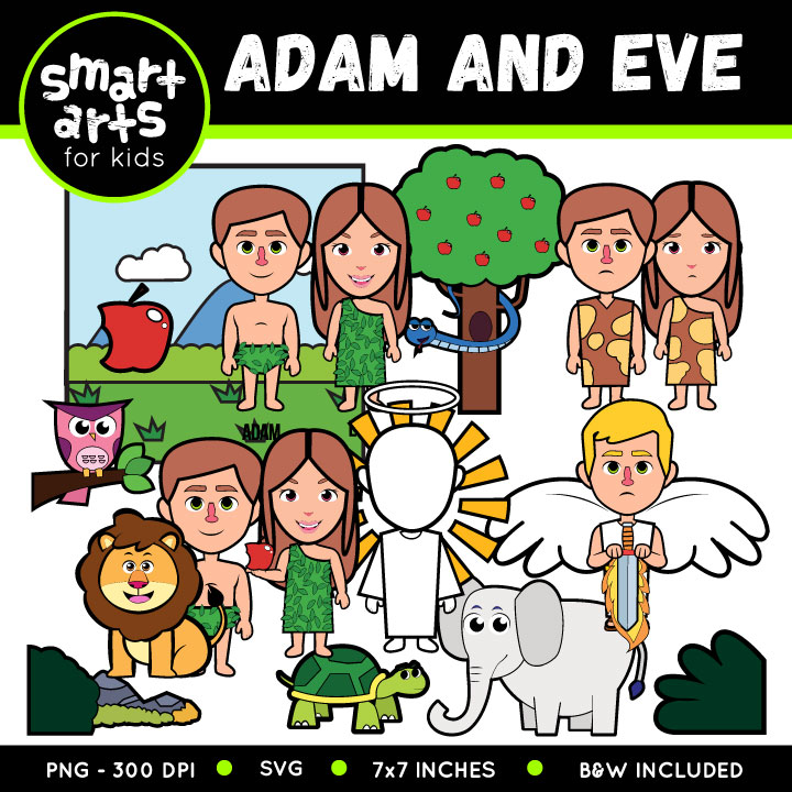 Adam and Eve clip art set with garden, serpent, apple, animals, angel, and biblical figures for kids’ educational use.