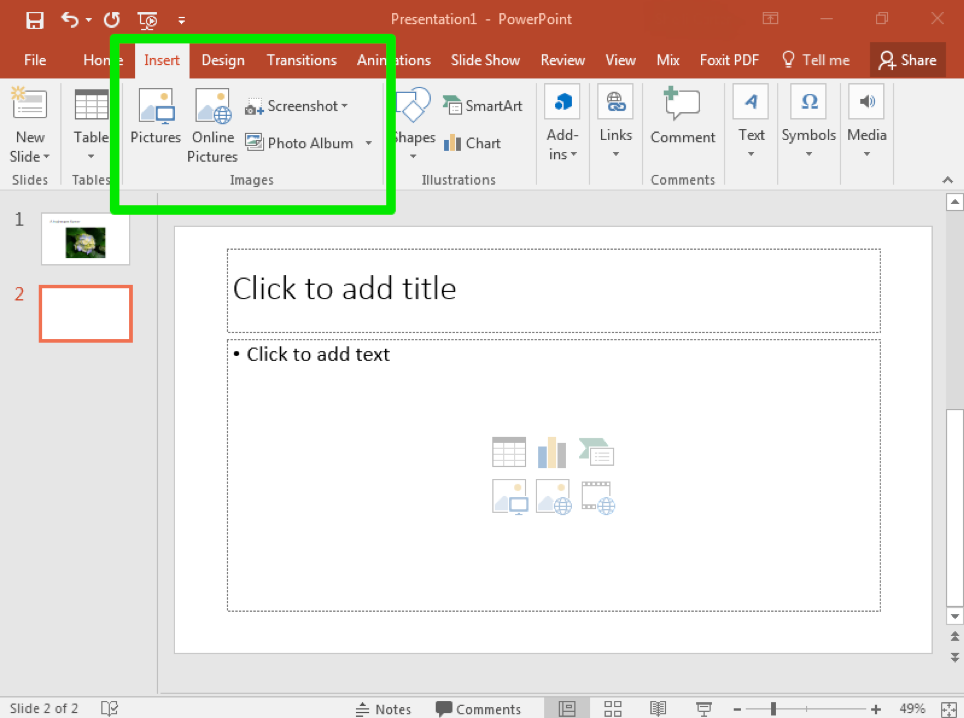 PowerPoint Insert tab highlighted with Pictures, Online Pictures, Photo Album, Screenshot, Shapes, SmartArt, Chart options visible.