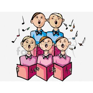 Five cartoon singers in blue and pink outfits singing with musical notes floating around them.