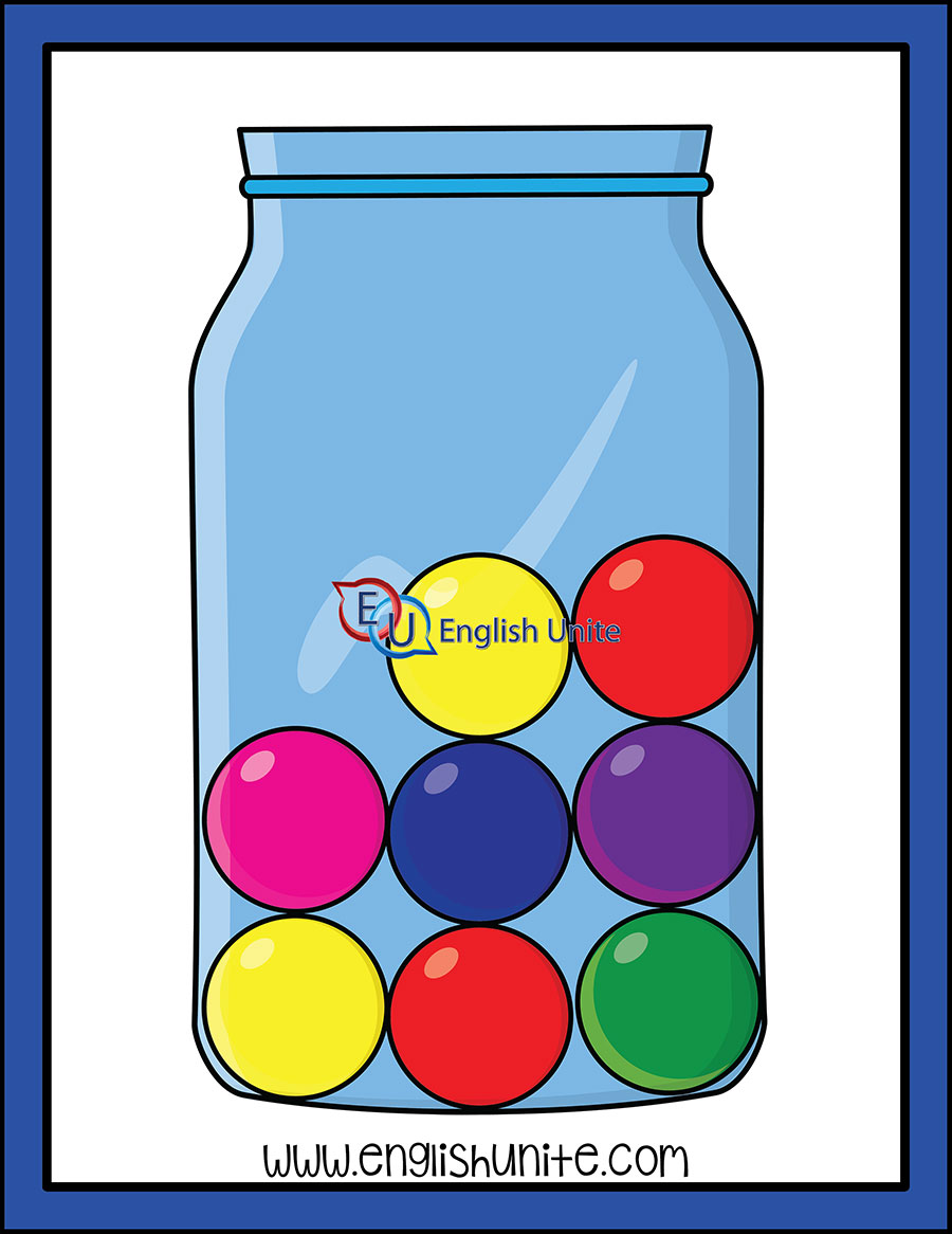 A clear glass jar filled with eight colorful marbles-red, yellow, blue, green, purple, and pink-illustrating a probability or counting activity.
