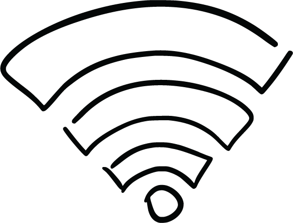 Hand-drawn black-and-white WiFi symbol with four curved arcs and a dot, representing wireless connectivity.