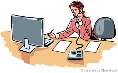 Woman in pink blazer on phone at desk with computer and papers, vintage-style illustration.