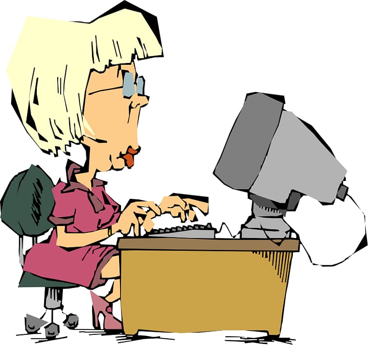 Cartoon woman with blonde hair and glasses typing on a vintage computer at a desk.