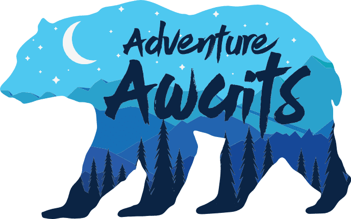 Silhouette of a bear filled with night sky, mountains, pine trees, and the text "Adventure Awaits"