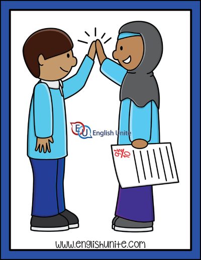 Two diverse students high-fiving while holding a graded paper with an "A+" mark, symbolizing academic success and collaboration.