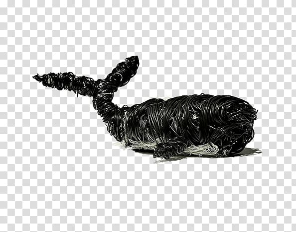 A sculptural whale formed from tangled black wires, coiled into a lifelike shape against a transparent background.
