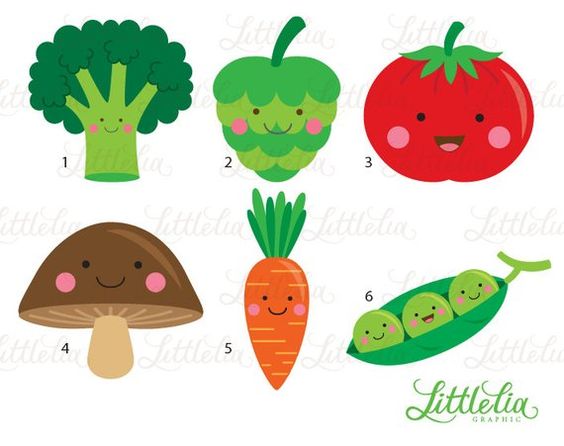 Six cute illustrated vegetables and fungi with smiling faces: broccoli, artichoke, tomato, mushroom, carrot, and peas in a pod.