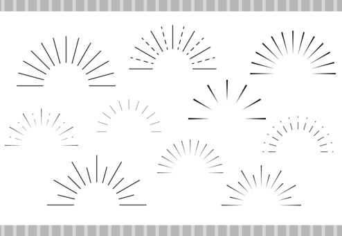 Collection of nine minimalist sunburst or rayburst vector graphics in black and white, varying in line density and style.