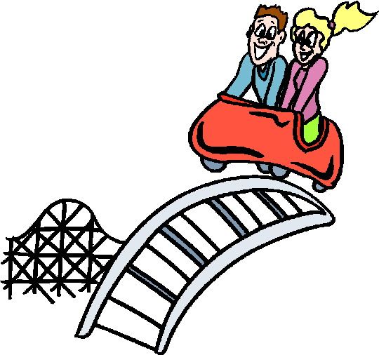 Two smiling people riding a red roller coaster car over a curved track with a lattice structure in background.