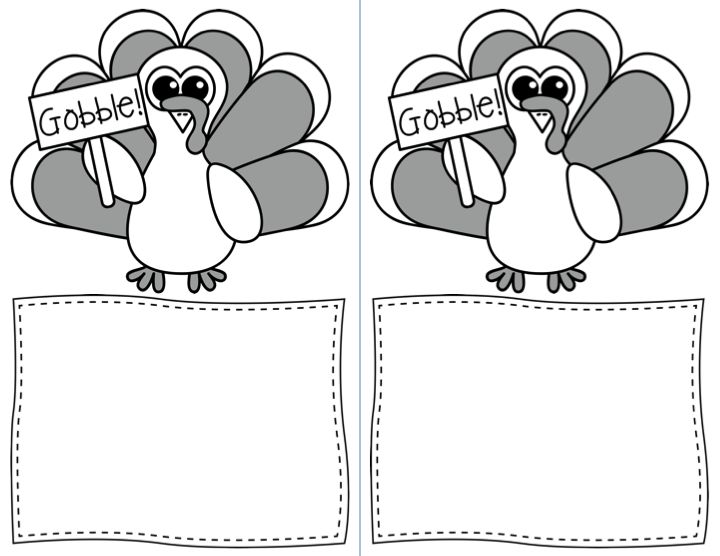Two cartoon turkeys holding "Gobble!" signs above blank dashed-line boxes for writing or drawing.