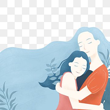 A tender illustration of a mother embracing her daughter, both smiling peacefully with flowing blue hair and soft botanical elements.