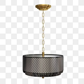 Modern drum pendant light with brass chain, mesh shade, and black-accented base on transparent background.