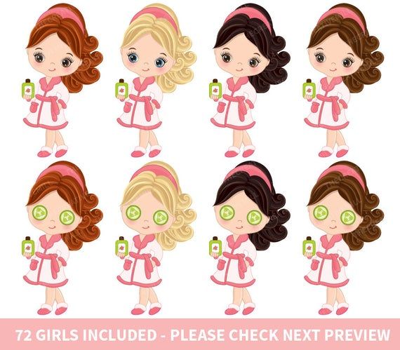 Eight cartoon girls in pink bathrobes holding skincare bottles, four with cucumber eye masks; part of a 72-girl set.