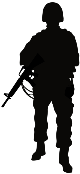Silhouette of a soldier in combat gear holding a rifle, standing alert against a white background.