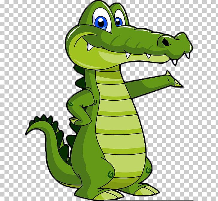 Friendly cartoon crocodile standing upright, pointing with one arm, smiling with blue eyes and sharp teeth.