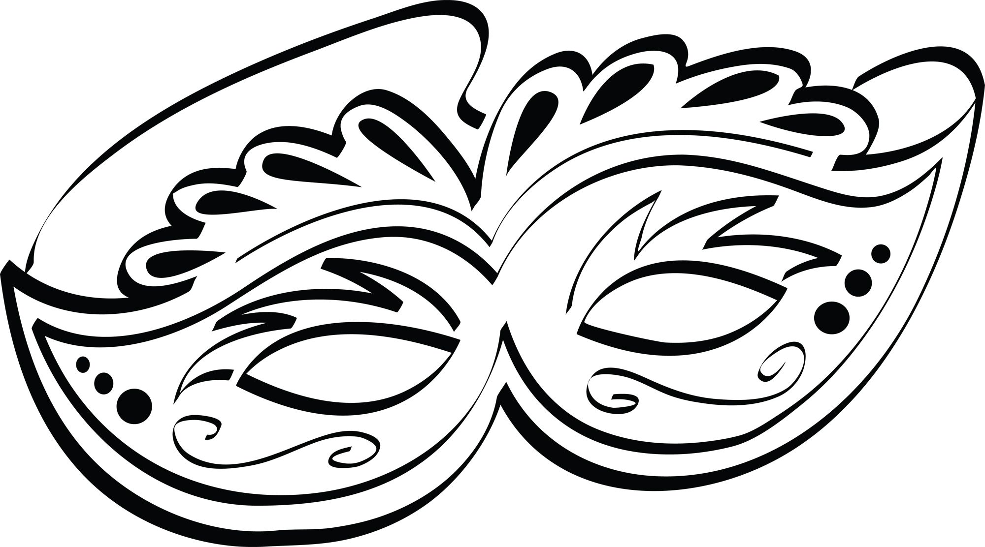 Elegant black-and-white Venetian masquerade mask with ornate swirls and decorative flourishes.