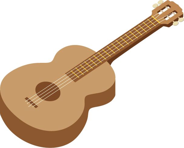 Illustration of a classic acoustic guitar with six strings and wooden body.