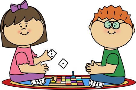 Two smiling cartoon children playing a colorful board game with dice on a rug.
