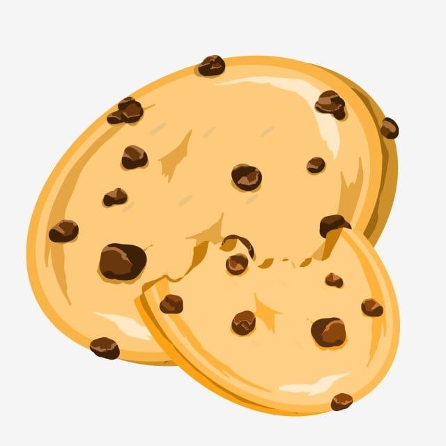 Two golden-brown chocolate chip cookies, one slightly broken, with visible melted chocolate chunks and soft texture.