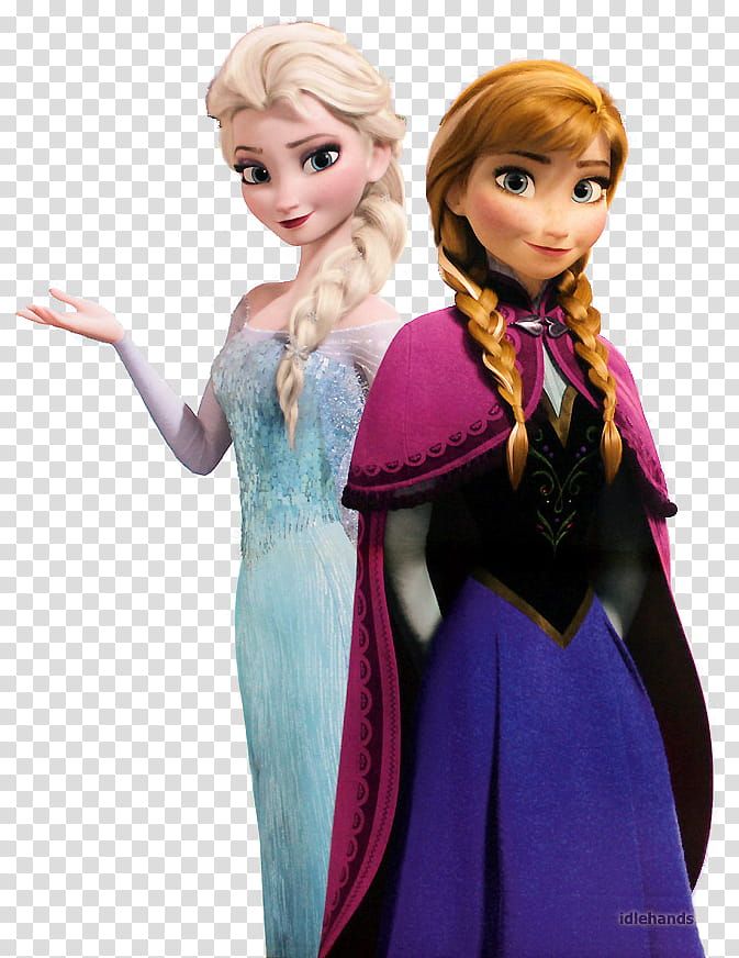 Elsa and Anna from Disney's Frozen standing side by side, Elsa gesturing with her hand, both in iconic outfits.