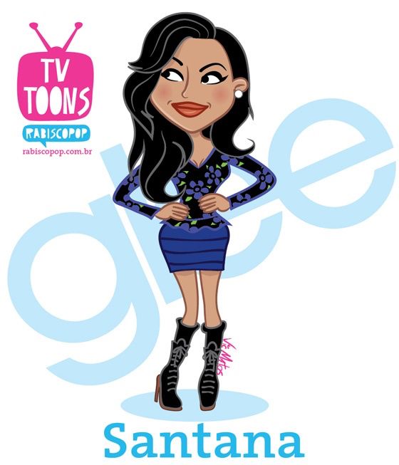 Caricature of Santana Lopez from Glee, wearing a blue floral top, striped skirt, and combat boots, with long black hair and confident pose.