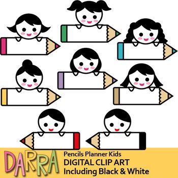 Pencils Planner Kids Digital Clip Art - Color + B&W Versions