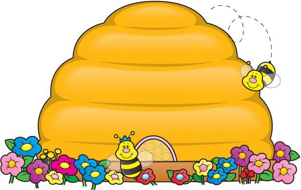 Cheerful cartoon beehive with smiling bees and colorful flowers surrounding the entrance.
