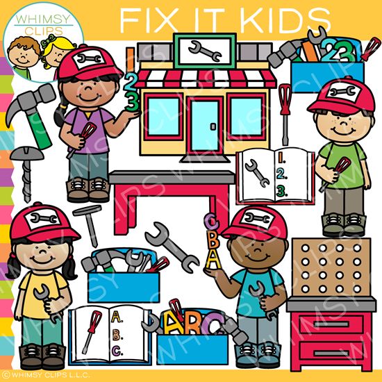 Cartoon kids in red caps holding tools near a workshop, toolbox, and ABC book-educational “Fix It Kids” clip art set.