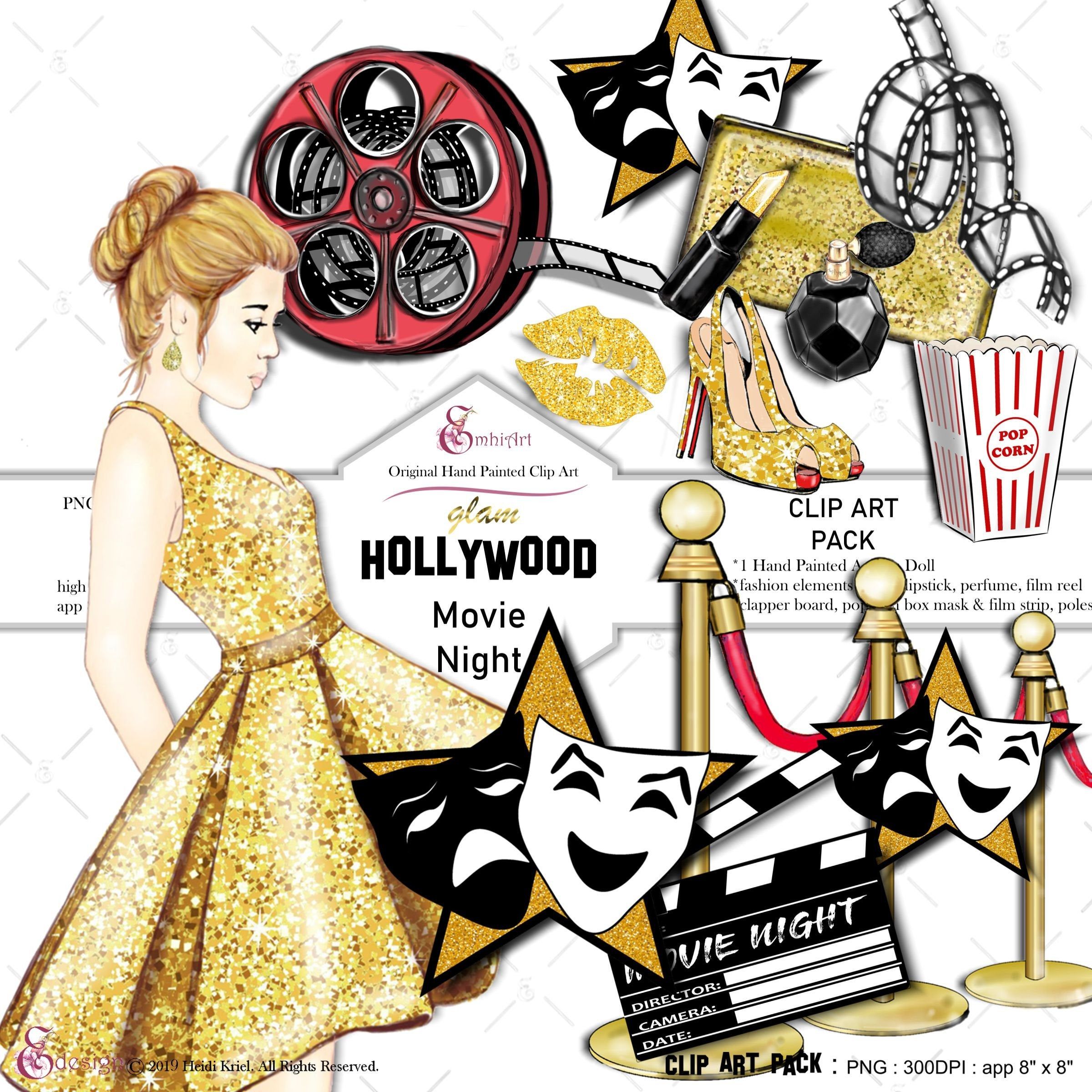 Glam Hollywood Movie Night Clip Art Pack - Hand-Painted PNG Graphics